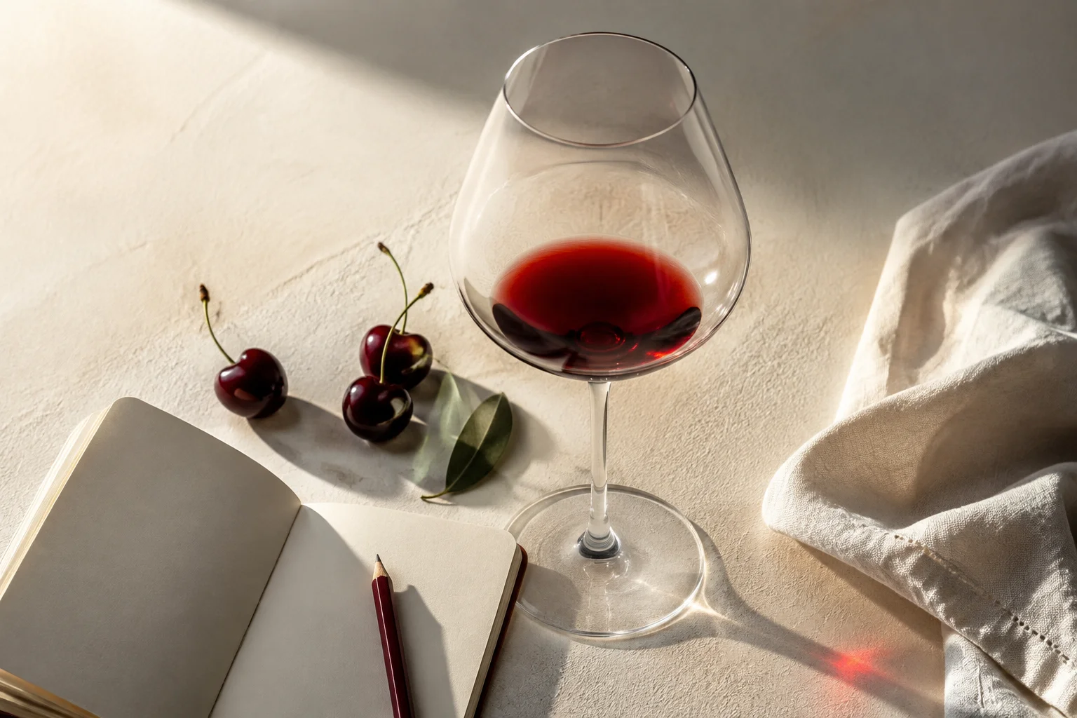 A glass of red wine, cherries and an open notebook on a linen-covered table